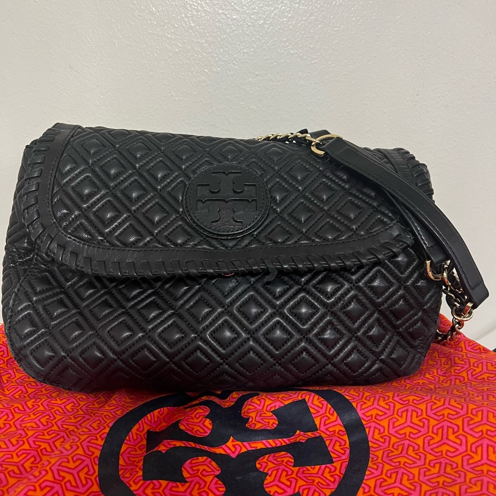 Authentic Tory Burch Black Leather Quilted Flap Bag